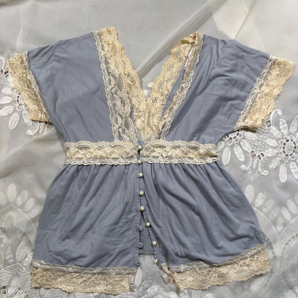 Y2K Self Esteem Women Blue Lace Trim Babydoll Top Short Sleeve V-Neck Size M